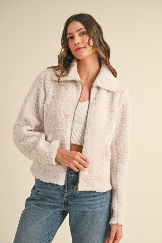 Bow Embroidered Teddy Jacket - The Tiny Details