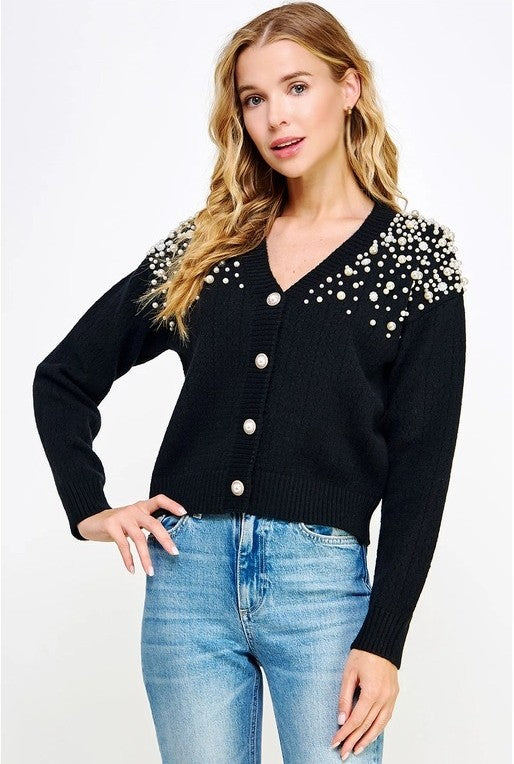 Pearl Studded Eyelet Knit Cardigan - The Tiny Details