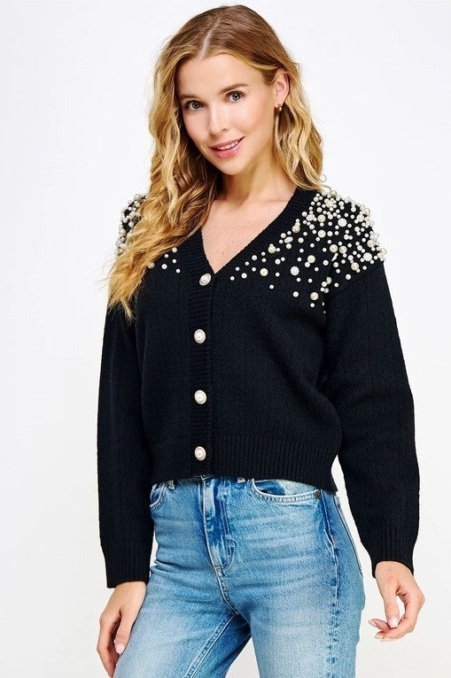 Pearl Studded Eyelet Knit Cardigan - The Tiny Details