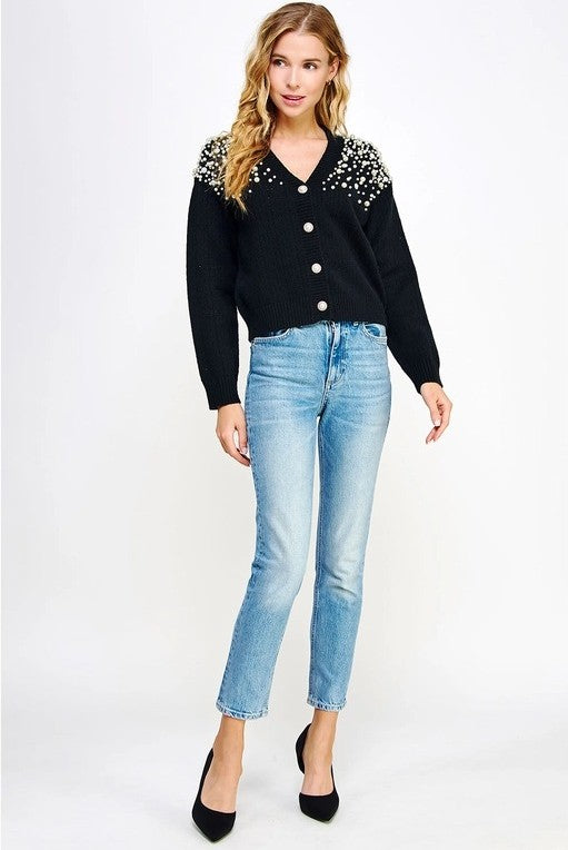 Pearl Studded Eyelet Knit Cardigan - The Tiny Details