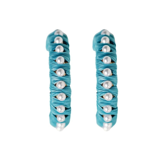 Blue Studded Pearl Raffia Hoop Earrings - The Tiny Details