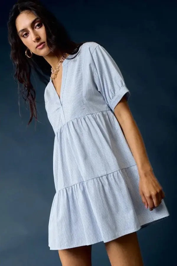 The Tiny Details Blue Striped V-Neck Tiered Baby Doll Dress