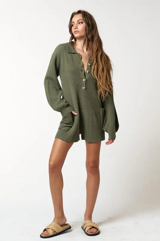 The Tiny Details Button Up Long Sleeve Sweater Romper