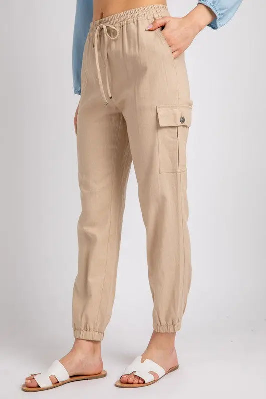 The Tiny Details female model wearing Casual Linen Cargo Utility Jogger Pants