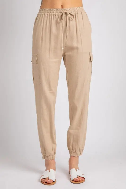 The Tiny Details female model wearing Casual Linen Cargo Utility Jogger Pants