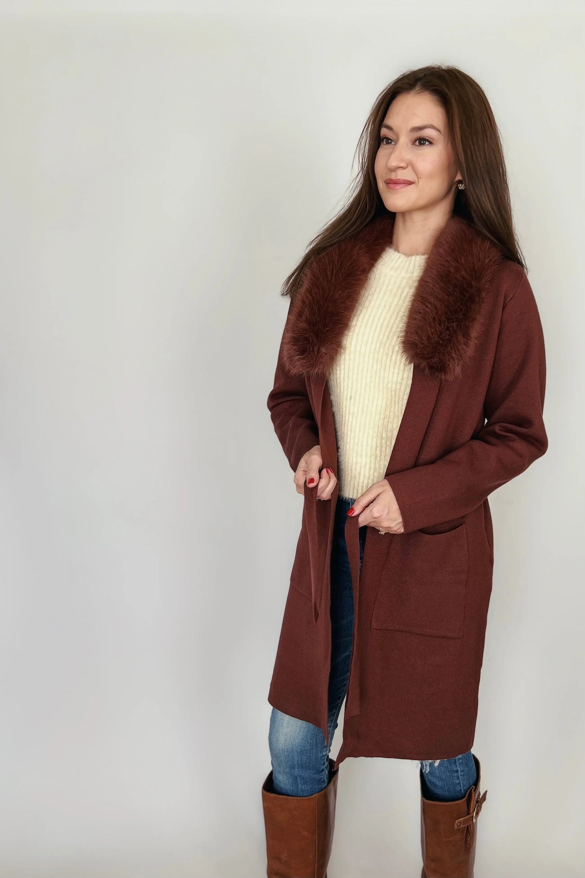 The Tiny Details Faux Fur Collar Chocolate Sweater Coat