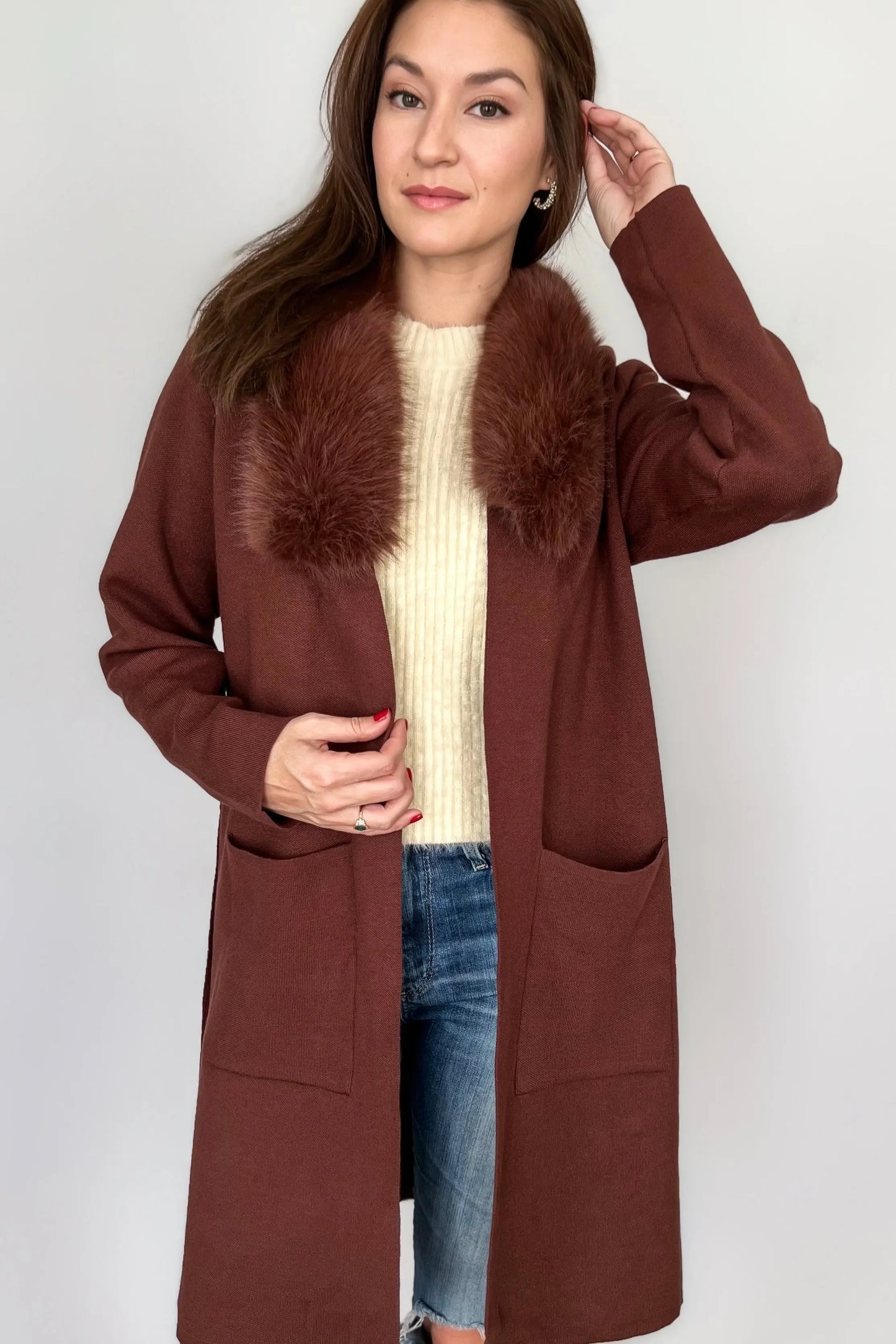 The Tiny Details Faux Fur Collar Chocolate Sweater Coat