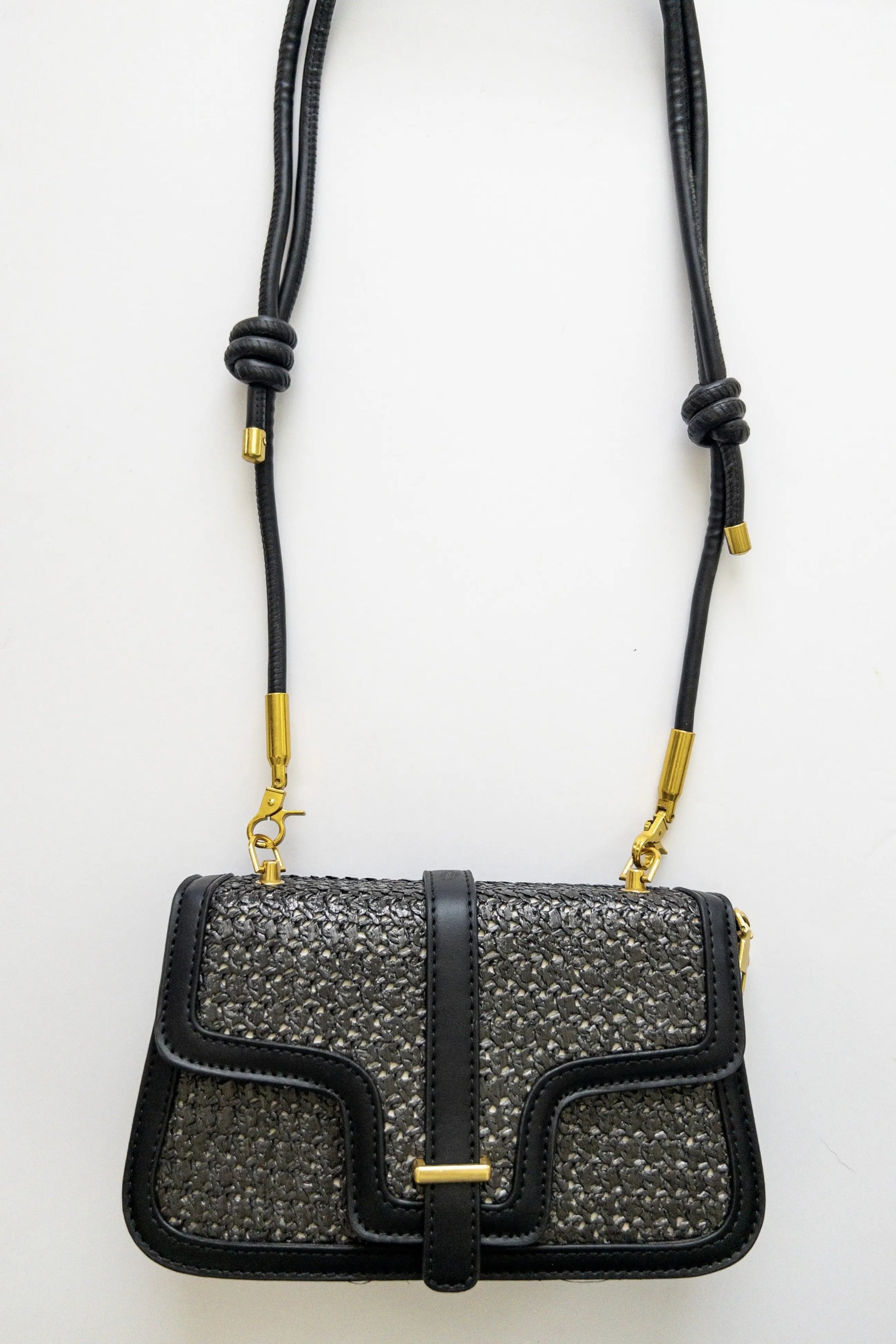 The Tiny Details Gracie Straw Leather Black Purse