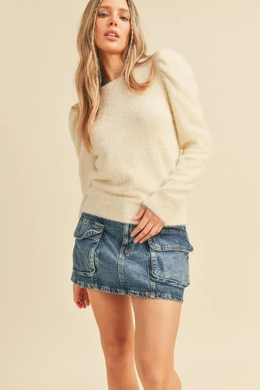 The Tiny Details Ivory Fuzzy Puff Sleeve Sweater