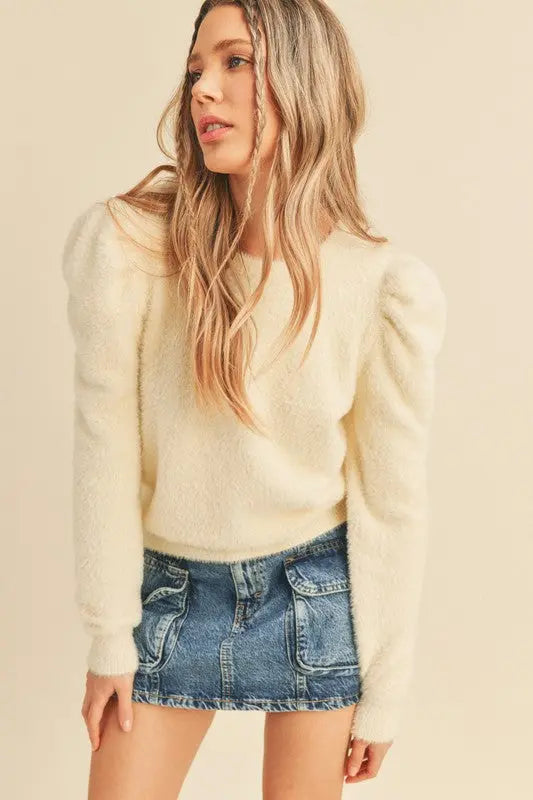 The Tiny Details Ivory Fuzzy Puff Sleeve Sweater