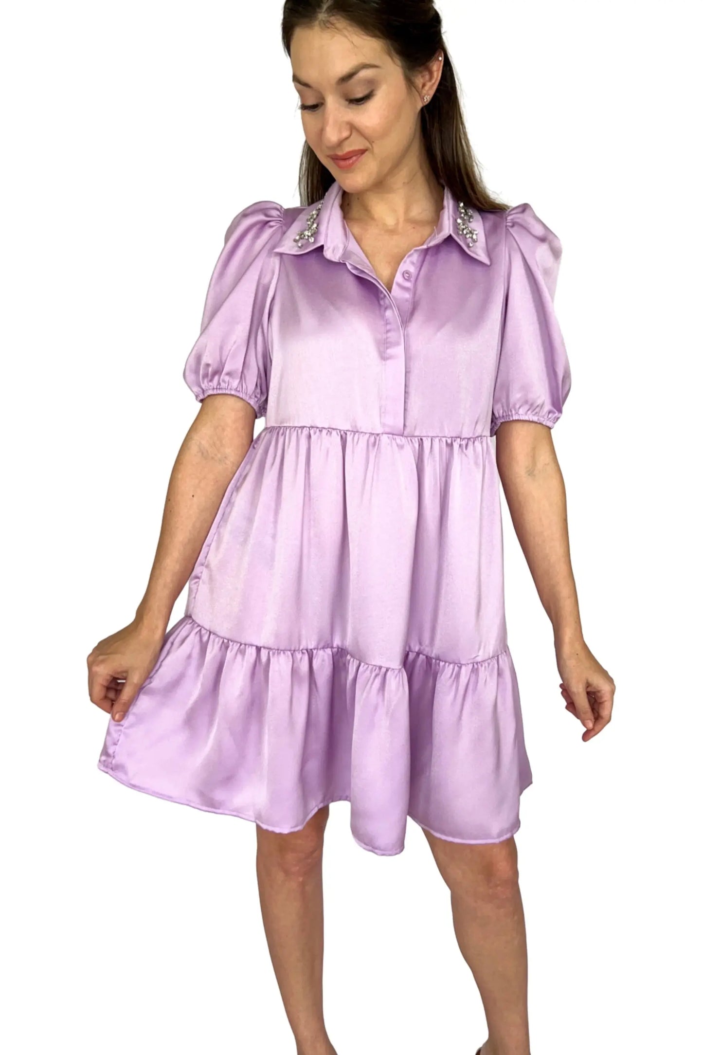 The Tiny Details Lavender Shirt Dress with Jeweled Detail Collar
