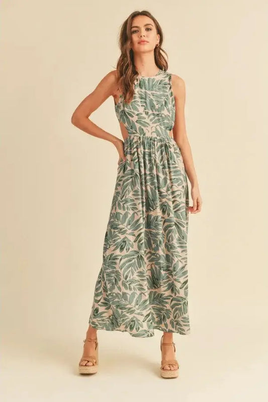 The Tiny Details Leaf Printed Cut-Out Long Dress
