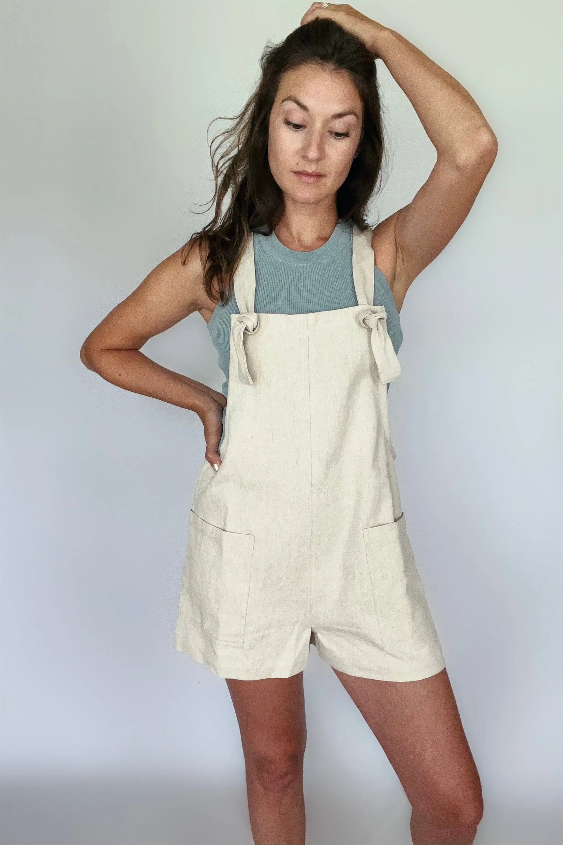 The Tiny Details Neutral Cotton Linen Short Overall