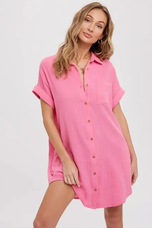 The Tiny Details Pink Button Down Pocket Shirt Dress