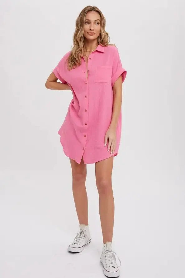 The Tiny Details Pink Button Down Pocket Shirt Dress