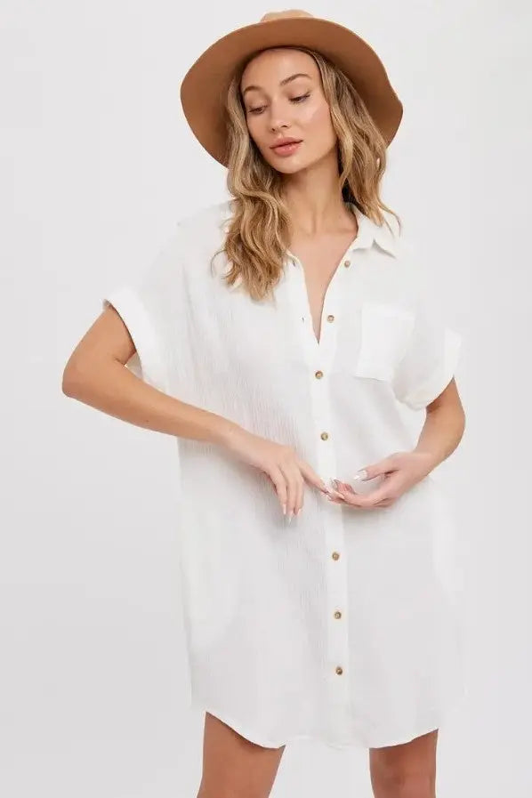 The Tiny Details Pocket Ivory Button Down Shirt Dress