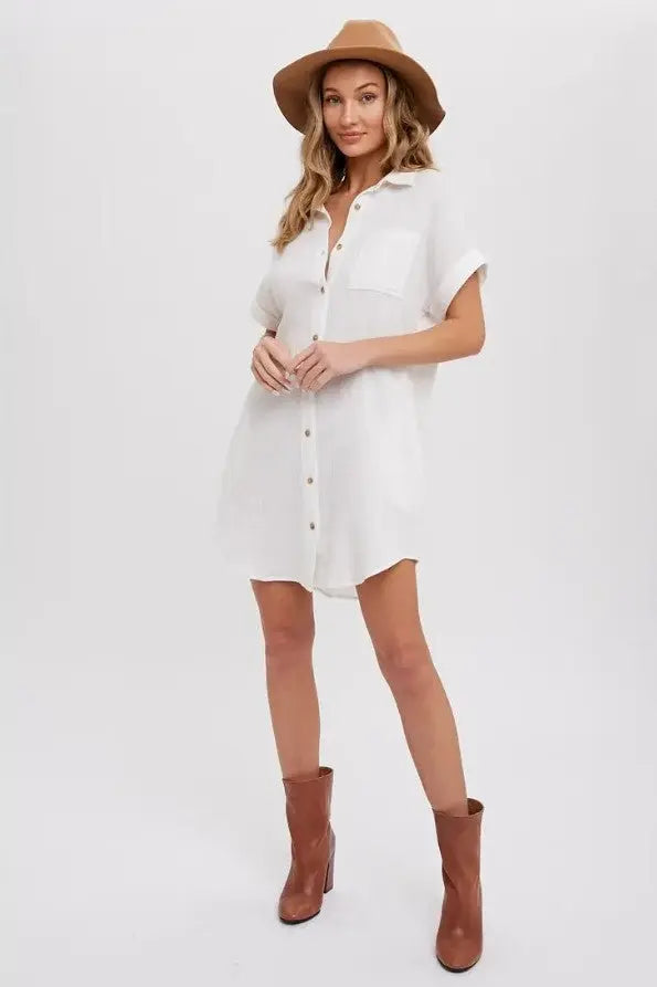 The Tiny Details Pocket Ivory Button Down Shirt Dress