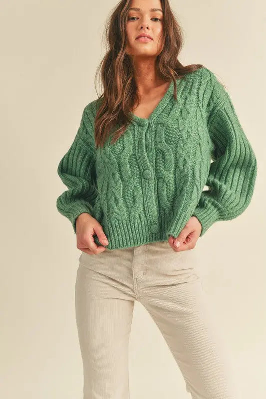 The Tiny Details Rosemary Green Cable Knit Cardigan