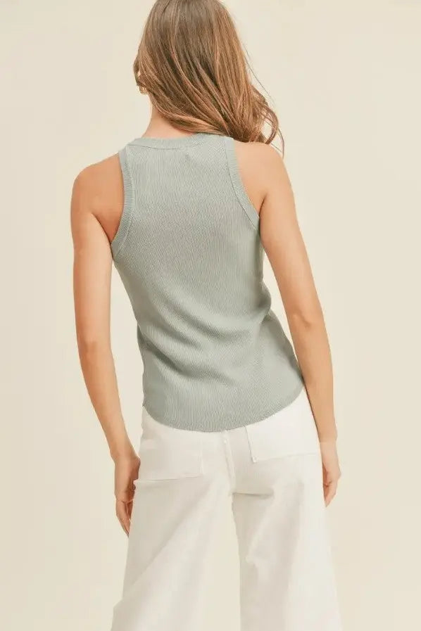 A woman modeling a seafoam classic ribbed tank top