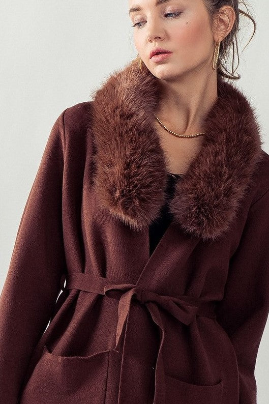 Faux Fur Collar Chocolate Sweater Coat - Shop Tiny Details