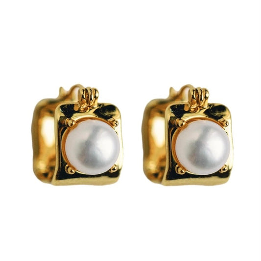 Vintage Mini Square Gold Pearl Huggie Earrings - The Tiny Details