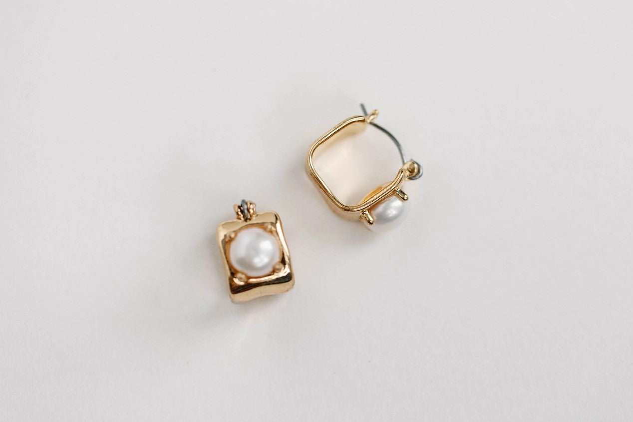 Vintage Mini Square Gold Pearl Huggie Earrings - The Tiny Details