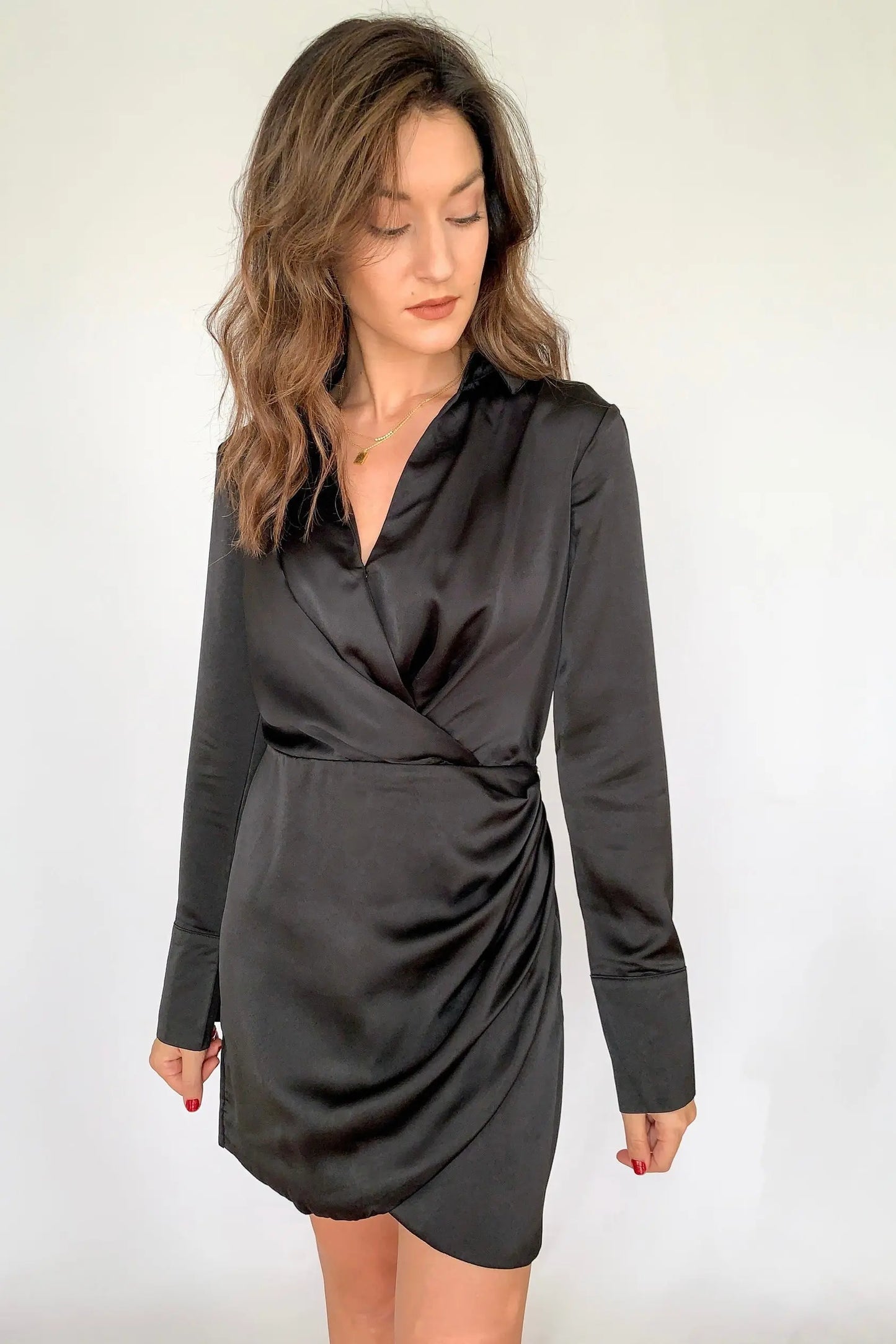 The Tiny Details Black Collared Long Sleeve Short Wrap Dress