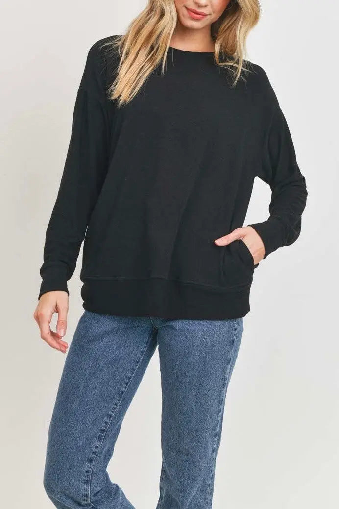 The Tiny Details Black Side Pocket French Terry Tunic Top