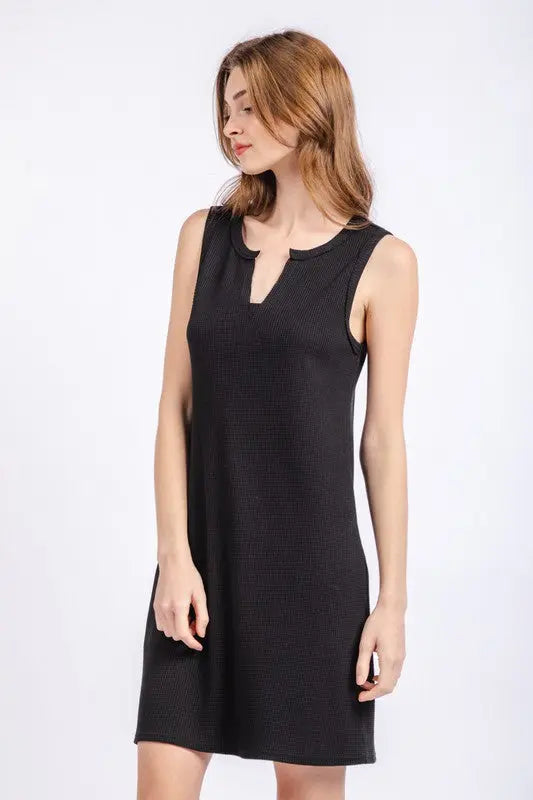 The Tiny Details Black Solid Waffle Knit Sleeveless Dress
