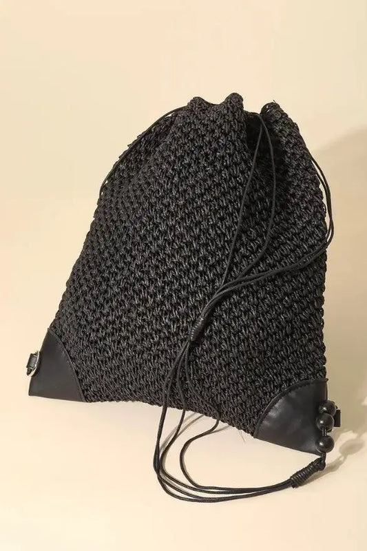 The Tiny Details Black Straw Braided Fashion Drawstring Backpack