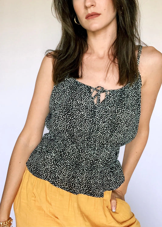 The Tiny Details Black & White Printed Smocked Waist Cami Top