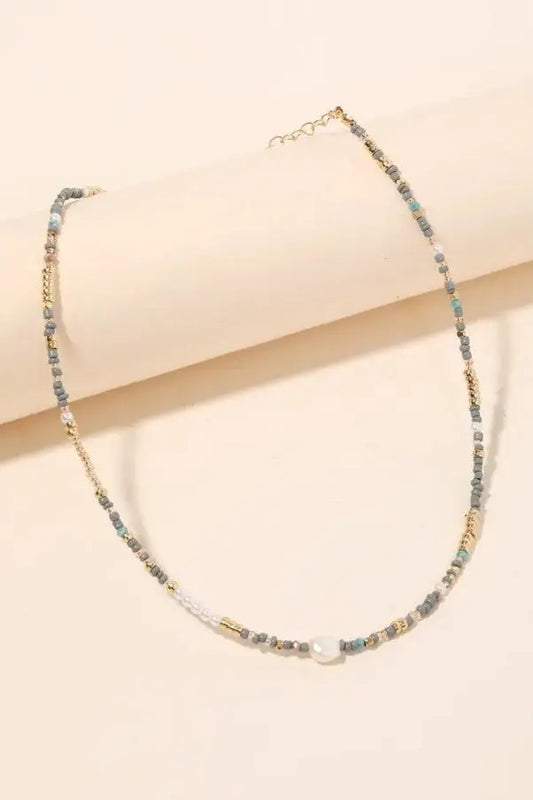 The Tiny Details Blue Grey Seed Bead Pearl Pendant Necklace