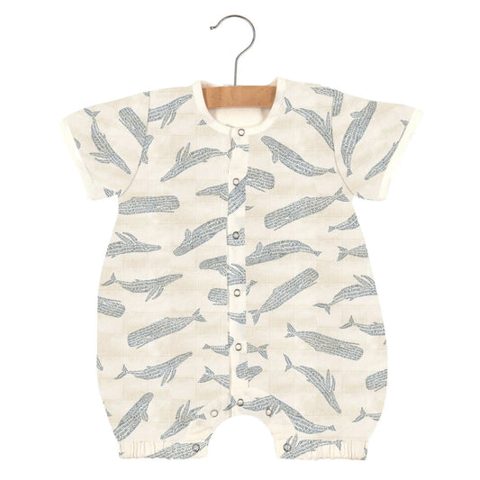 The Tiny Details Blue Shadow Whales Bamboo Baby Romper