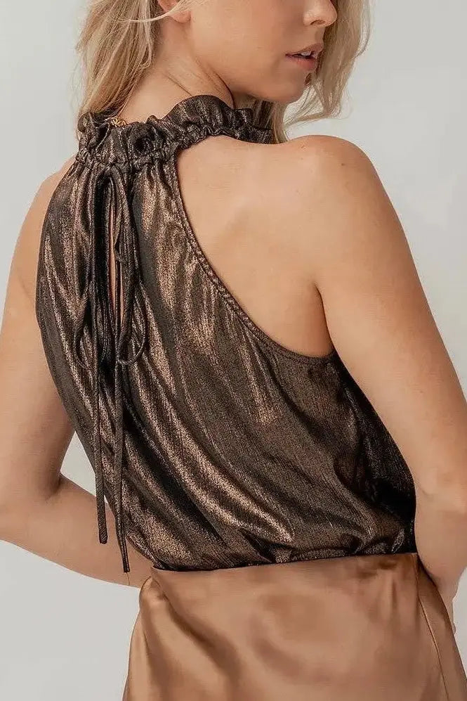 The Tiny Details Bronze Mock Neck Top with Tie Back