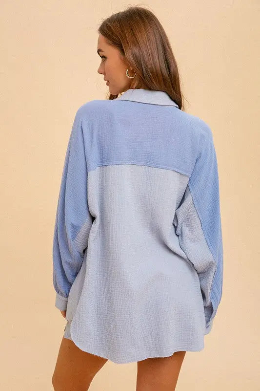 The Tiny Details Cotton Gauze Blue Colorblock Oversized Shirt
