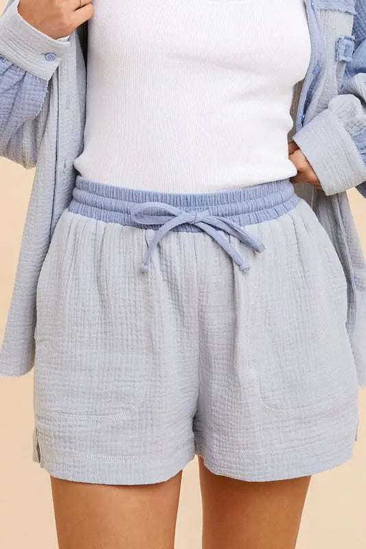 The Tiny Details Cotton Gauze Blue Colorblock Shorts