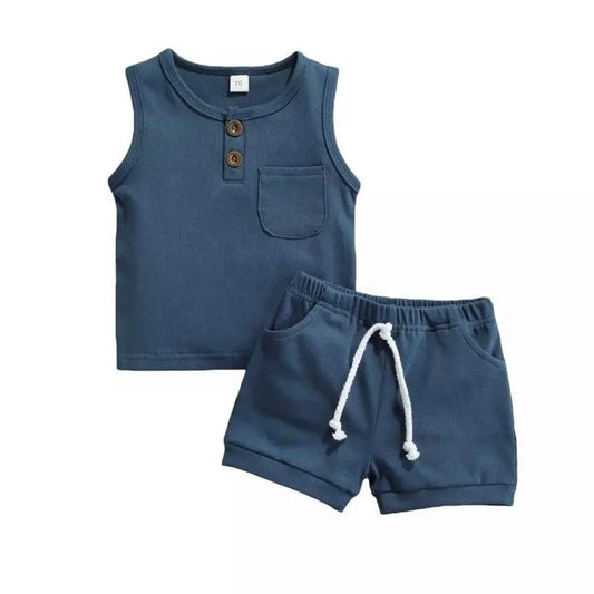 The Tiny Details Deep Blue Sleeveless Two-Piece Shortie Set