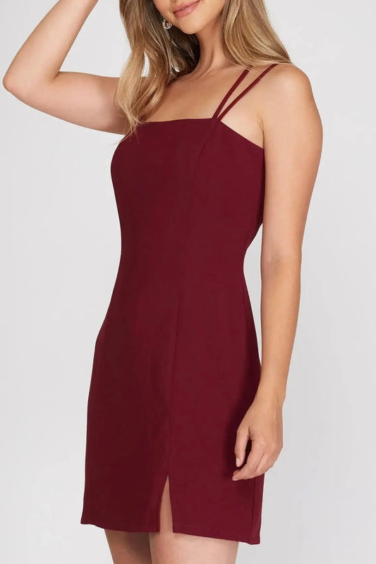 The Tiny Details Double Strap Woven Mini Dress in Wine