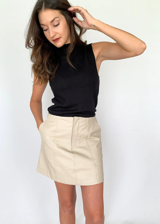 The Tiny Details Ecru Leather Mini Skirt with Pockets