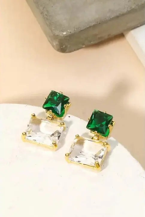 The Tiny Details Emerald Color Block Square Crystal Dangle Earrings