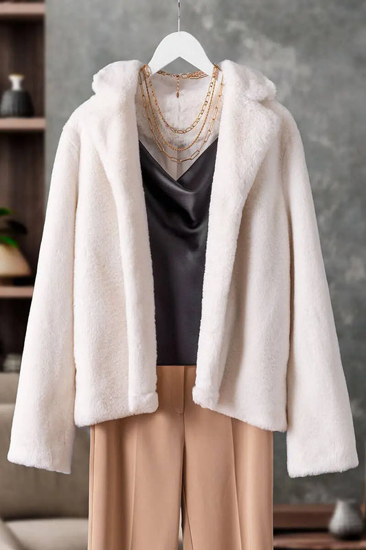 The Tiny Details Faux Ivory Fur Collared Long Sleeve Jacket