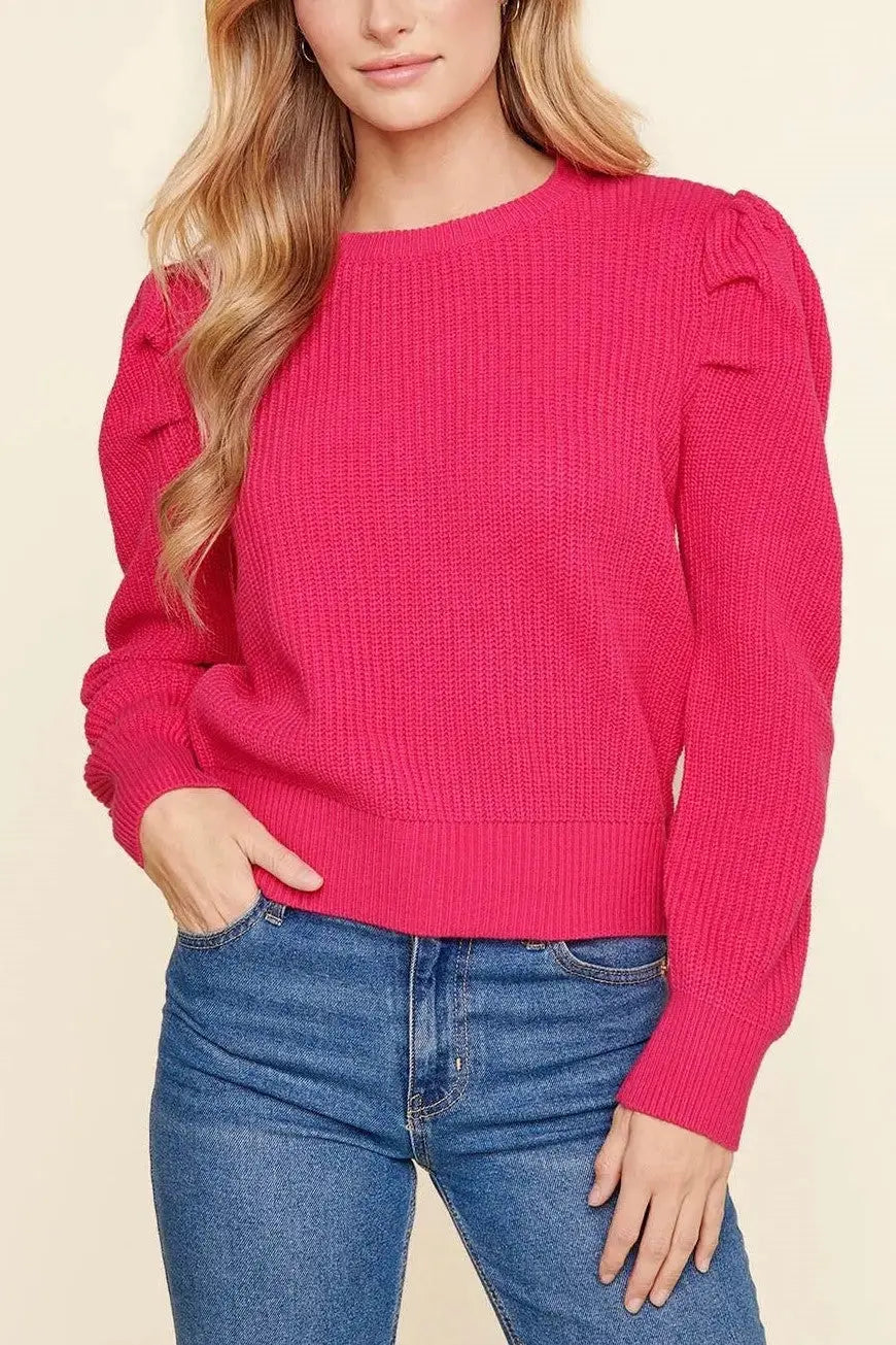 The Tiny Details Fuchsia Draped Power Shoulder Sweater