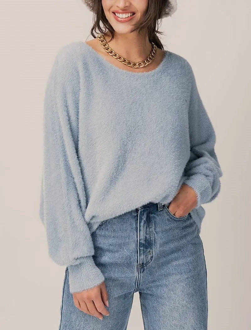 The Tiny Details Fuzzy Smoke Blue Knit Dolman Sweater
