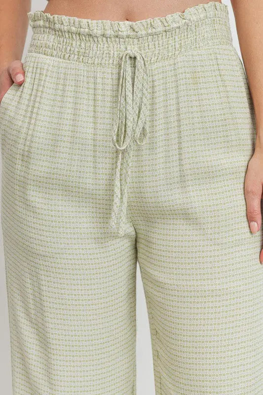 The Tiny Details Green Printed Drawstring Frill Waistband Long Pants