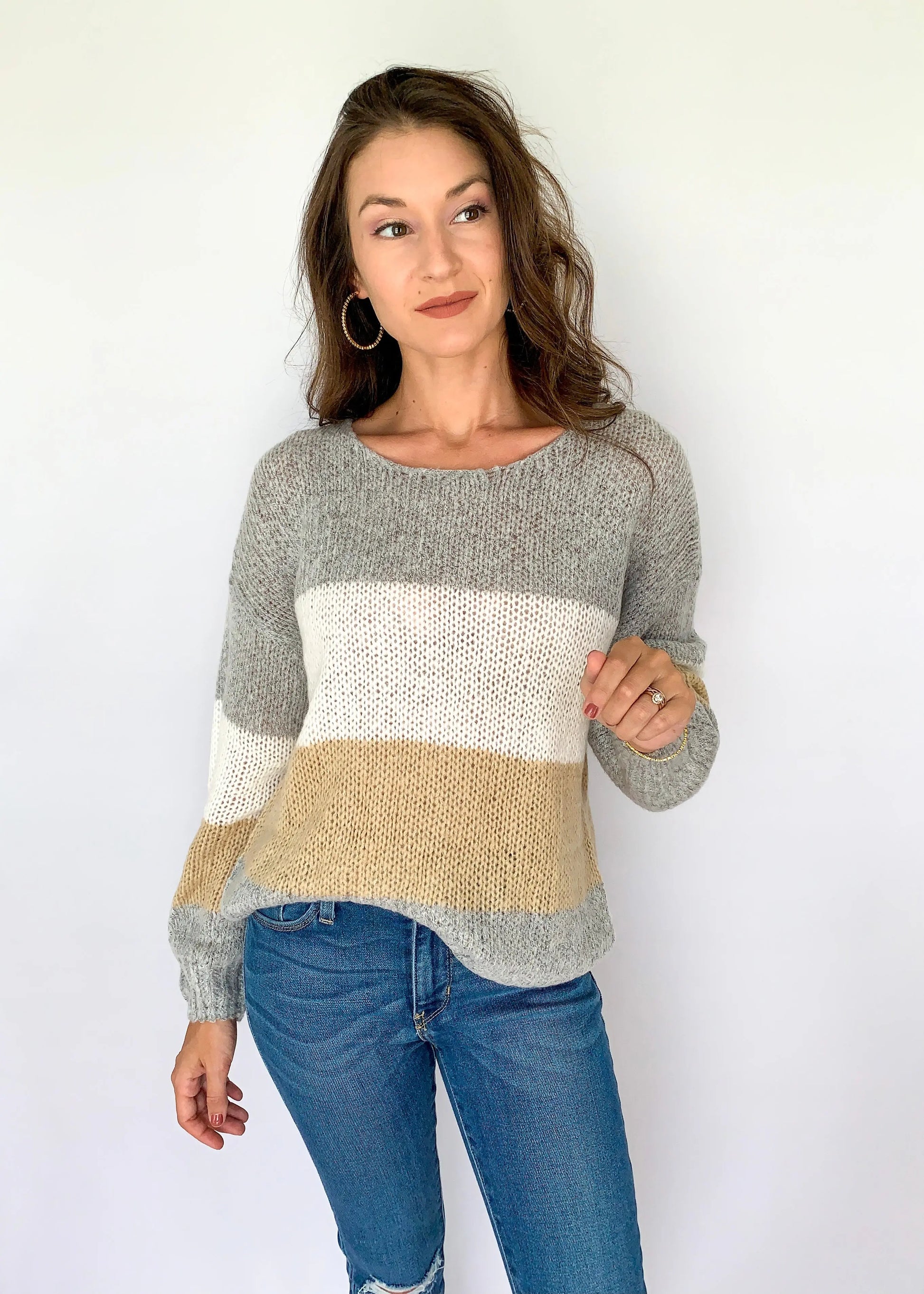 The Tiny Details Grey with Multi Colorblock Loose Pullover Sweater