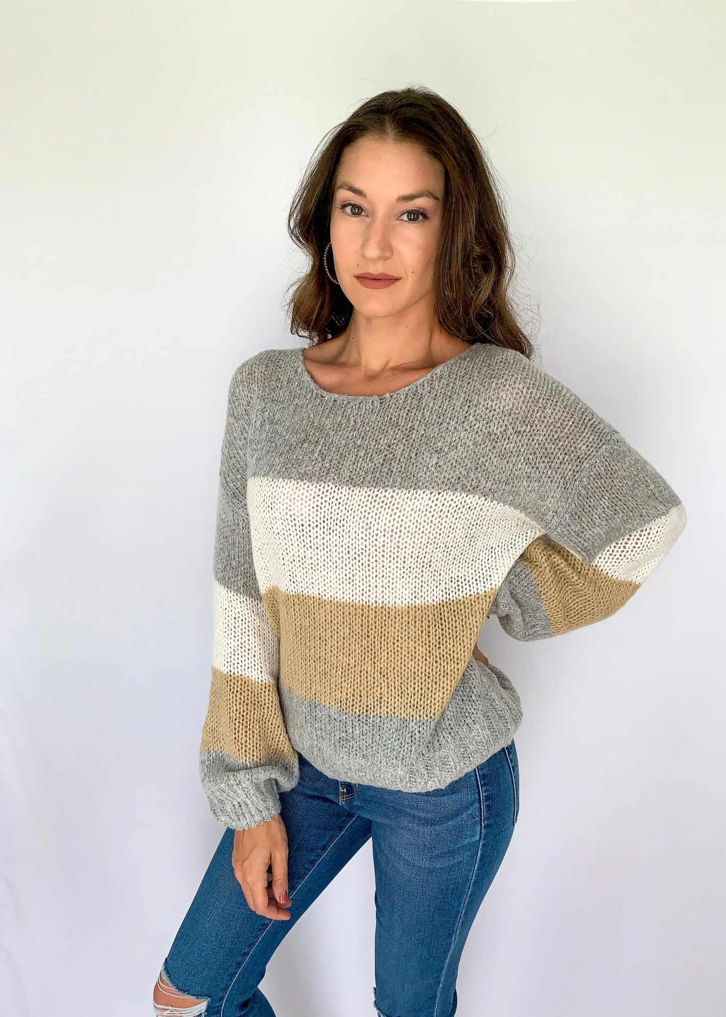 The Tiny Details Grey with Multi Colorblock Loose Pullover Sweater