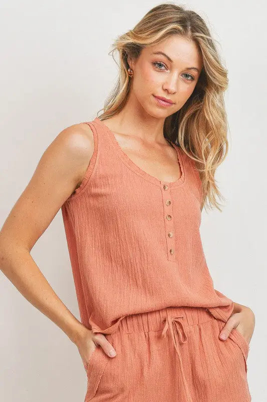 The Tiny Details Half Button Front Sleeveless Top