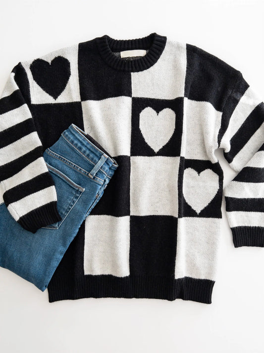 The Tiny Details Heart Print Black and White Sweater Top