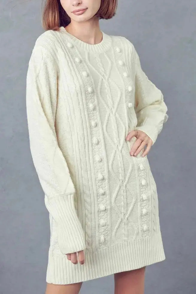 The Tiny Details Ivory Cable Knit Mini Sweater Dress