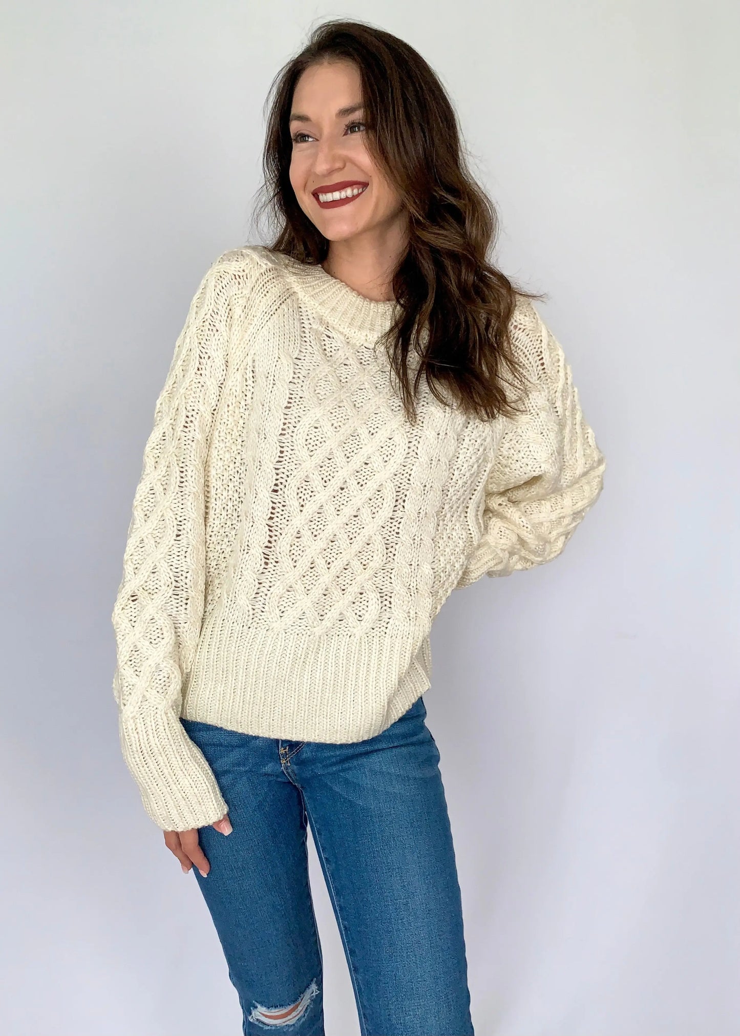 The Tiny Details Ivory Raglan Long Sleeve Cable Knit Sweater